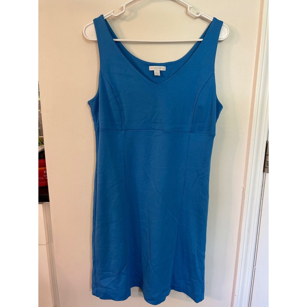 New York & Company Blue Cotton Sleeveless V-Neck Sheath Dress Womens Medium